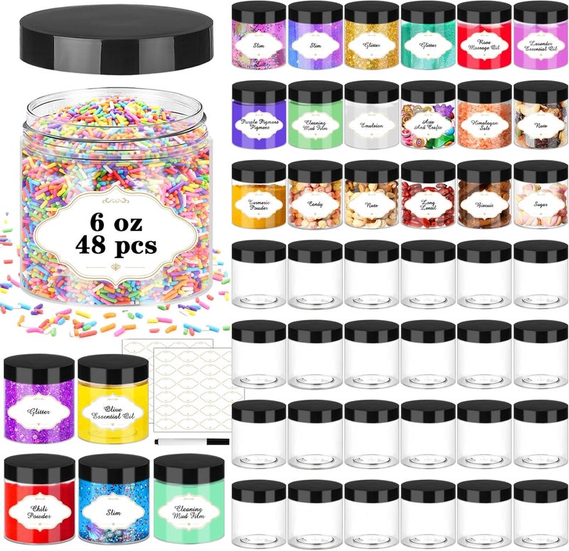PeacePeo Plastic Jars with Lids, 48 Pcs 6 OZ Slime Containers with Screw On Lids Clear Round Plastic Storage Jars Refillable Container Jar for Travel Storage Home Kitchen Food - Image 1